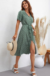 Robe imprimée à col Johnny et ceinture nouée